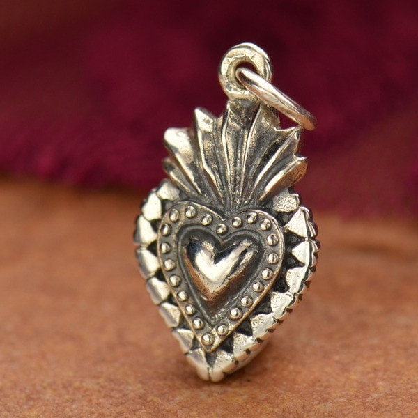 Sacred Heart - Sterling Silver Sacred Heart Charm - Religious, Catholic Faith, Symbolic Heart,  Flaming Heart, Medieval, Symbolic, Fierce