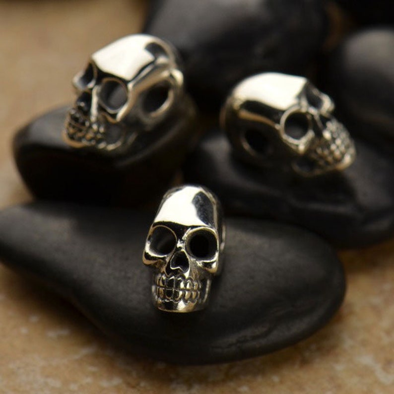 Skull Bead Charm Sterling Silver Skull Bead, Connector Bead, Skulls, Bones, Spiritual, Holiday Charm, Gothic Charm, Bracelet Ideas, 2 Hole image 1