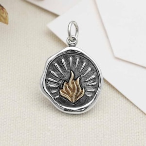 Wax Seal Flame Pendant - Sterling Silver Fire Flame,  Gold Flames - Mixed Metal, Flaming Symbol, Passion Charm, Symbolic Charms, Gold Flame