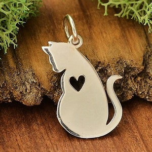 Cat Charm - Sterling Silver Cat with Heart Pendant - Sterling Silver Kitten, Cat Charms, Animal Lover, Furry Friend, Mothers Day Gifts