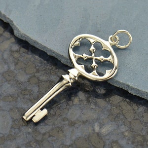 Sterling Silver Key Charm - Heart Key Pendant, Gift for Mom, Key Charm, Tiny hearts, Gothic Pendants, Silver Key, Styling Prop for Weddings