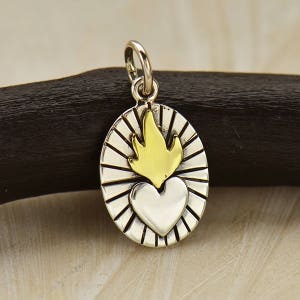 Sacred Heart - Sterling Silver Sacred Heart Charm with Gold Flames - Mixed Metal, Religious, Catholic Faith, Symbolic Heart,  Flaming Heart
