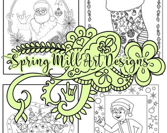 Peut inclure: Un ensemble de quatre pages à colorier sur le thème de Noël. Les pages comprennent un Père Noël signant, une chaussette avec un motif festif, un flocon de neige avec un motif de sapin de Noël et un lutin signant. Les pages sont en noir et blanc et prêtes à être colorées.