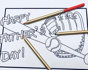 Happy Father's Day Baseball Ausmalseite zum Ausdrucken mit Baseball, Schläger und Handschuh