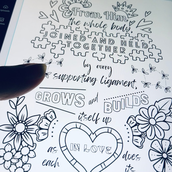 Scripture coloring page Ephesians 4:16. The whole body joined together in love coloring page. Printable download verse to color.