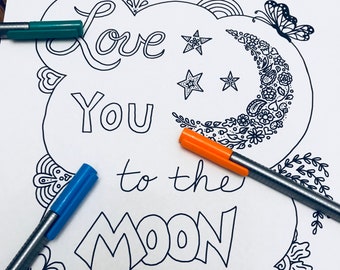 Malvorlage, Love you to the Moon and Back von Hand gezeichnet, hand-letterprintable