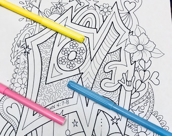 Love Tangle Ausmalseite mit ASL I love you, Herzen, Blumen und Sterne, printable