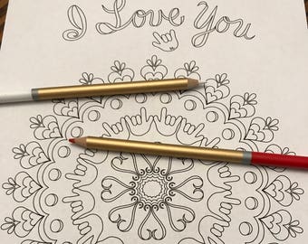 Disegno da colorare mandala ASL “Ti amo” gesti con le mani e cuori stampabili