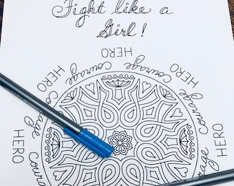 Coloring page Fight Like a Girl - Cancer awareness ribbon mandala, printable