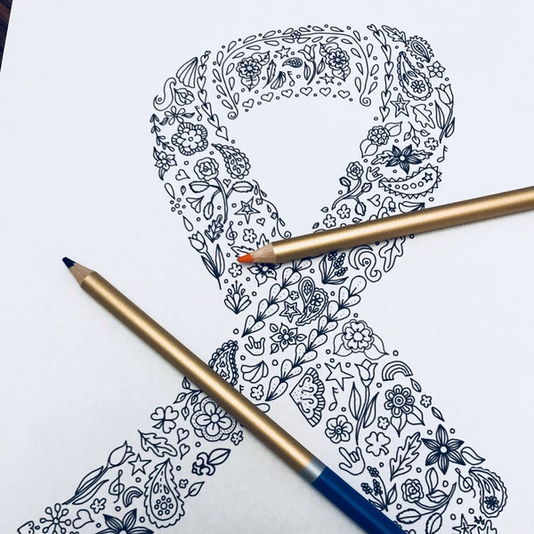 Coloring page Cancer awareness ribbon floral design printable