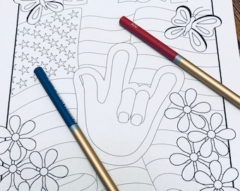 Ausmalbild - I love the USA Flagge, ASL "I love you", Blumen und Schmetterlinge zum ausdrucken
