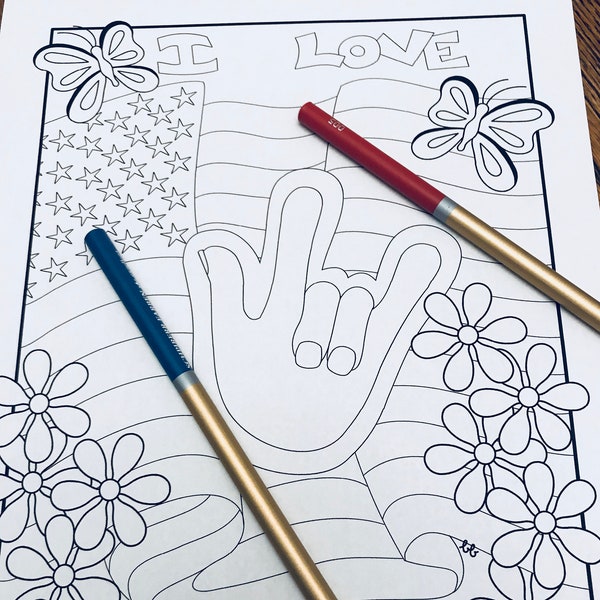 Coloring page - I love the USA flag, ASL "I love you," flowers and butterflies printable
