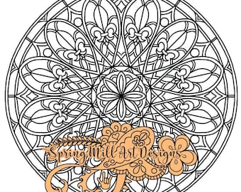 Rose window stained glass mandala printable coloring page