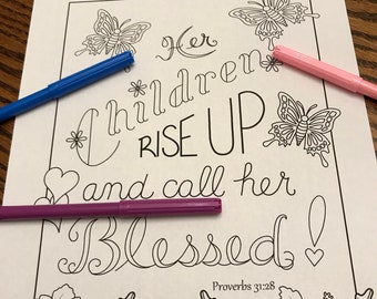 Coloring page "Her children rise up and call her blessed," Proverbs 31:28 printable