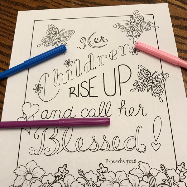 Coloring page "Her children rise up and call her blessed," Proverbs 31:28 printable