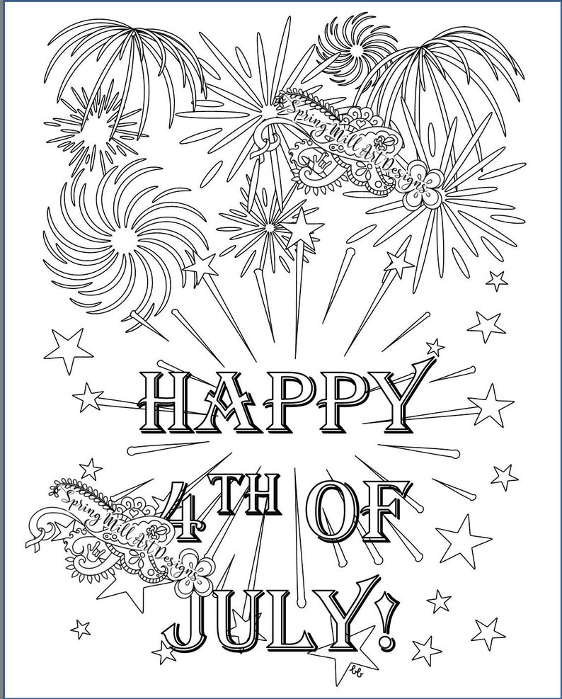 Festeggiamo Pagina da colorare di fuochi d'artificio di buon 4 luglio in due stampabili: sfondo bianco e nero entrambi inclusi immagine 1