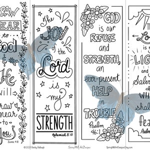 May include: Four black and white printable bookmarks with inspirational bible verses and butterfly designs. The bookmarks feature the verses: Draw near to God, The joy of the Lord is my strength, God is our refuge and strength, an ever-present help in trouble, and The Lord is my light and my salvation; whom shall I fear?