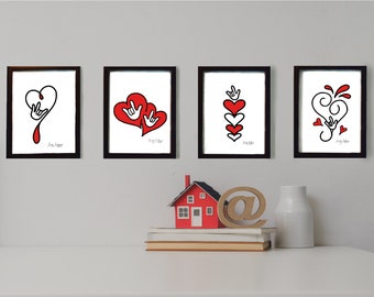 Set von 4 einzigartigen Herzen mit ASL “I love you” Zeichen – Wandkunst bereit zum Drucken und Einrahmen
