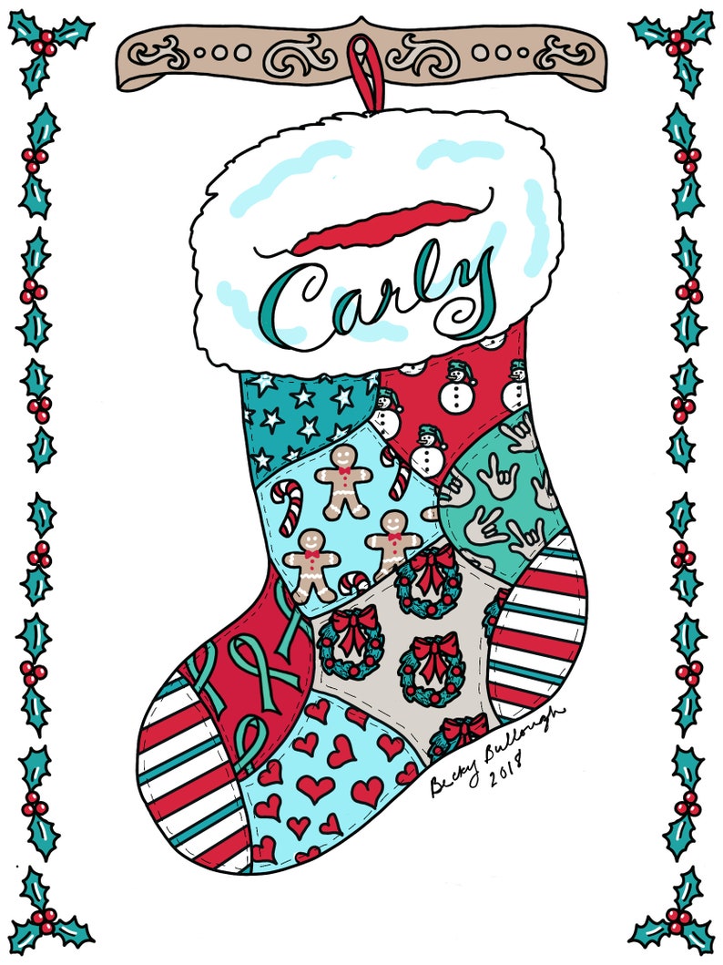 Christmas Stocking Coloring Page With ASL i Love You Pattern in Quilted Look. Can Be