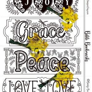 Może przedstawiać: Cztery czarno-białe, drukowane zakładki z kwiatowymi wzorami. Zakładki przedstawiają słowa "JOY", "Grace", "Peace" i "LOVE LOVE".