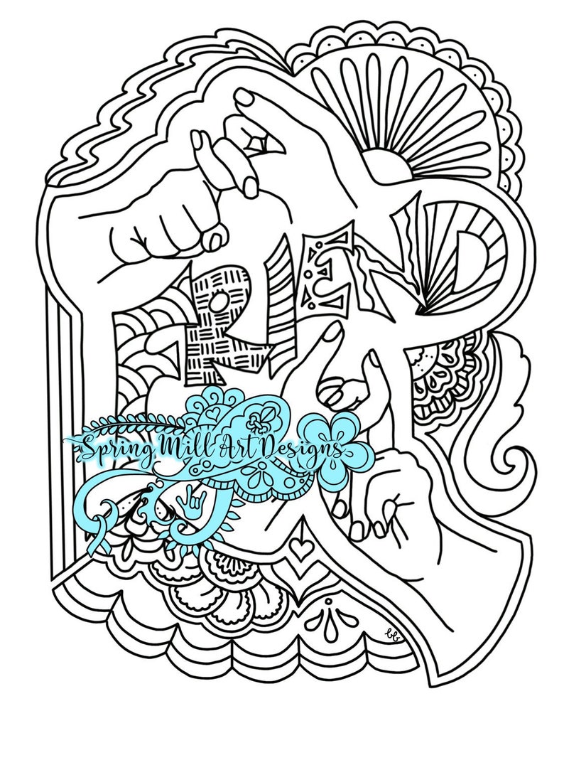 Peut inclure: Illustration en noir et blanc de l'&eacute;criture du mot "ami" en utilisant des gestes de la main. Les lettres sont entour&eacute;es de motifs floraux complexes.