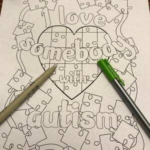 Coloring page &quot;I love somebody with autism&quot; puzzle pieces and autism heart, hand-drawn digitized printable