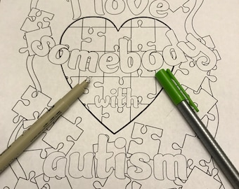 Malvorlage "Ich liebe jemanden mit Autismus" Puzzleteile und Autismus-Herz, handgezeichnet, digitalisiert zum ausdrucken"