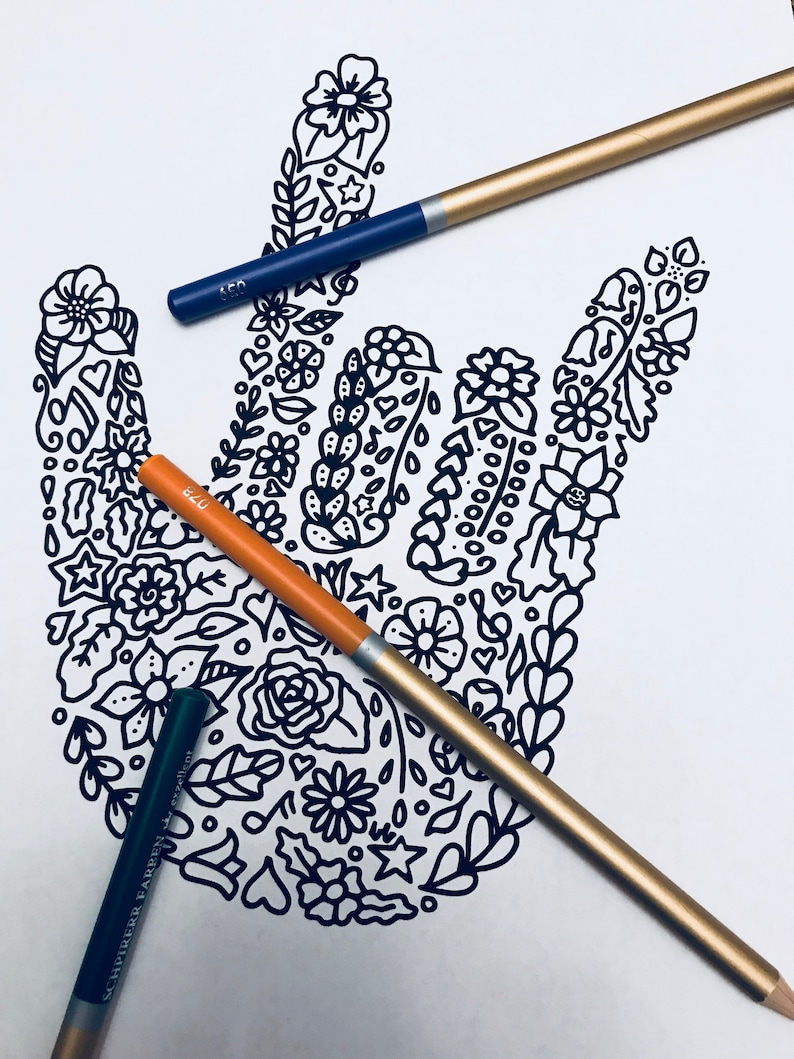 Coloring page ASL I love you sign floral designs | Etsy