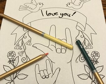 Malvorlage, "Ich liebe dich" ASL Handzeichen, Eltern und Kind zum ausdrucken