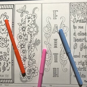 May include: Four printable bookmarks with Christian-themed designs and verses. The bookmarks feature the words "Rejoice", "Faith", and "Create in me a clean heart, O God: and renew a right spirit within me."  The bookmarks are black and white and ready to be colored.