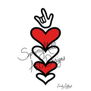 Four stacked hearts with ASL “I love you” sign—wall art ready for printing and framing