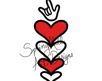 "Vier gestapelte Herzen mit dem ASL ""I love you""-Schild."