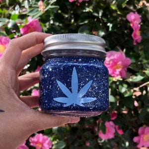 Stash jar, glass stash jar, stoner gifts for her, small stash jar, glitter stash jar, marijuana jar, stoner gifts, blue stash jar