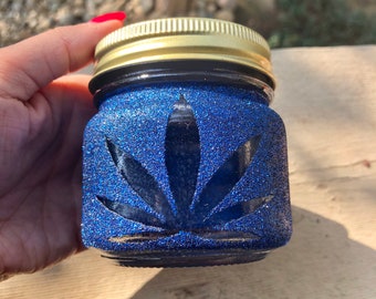 Stash jar, glass stash jar, stoner gifts for her, small stash jar, glitter stash jar, marijuana jar, stoner gifts, blue stash jar
