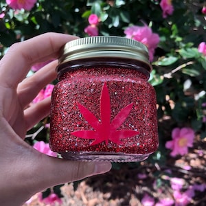 Stash jar, glass stash jar, stoner gifts for her, small stash jar, glitter stash jar, marijuana jar, stoner gifts, red stash jar