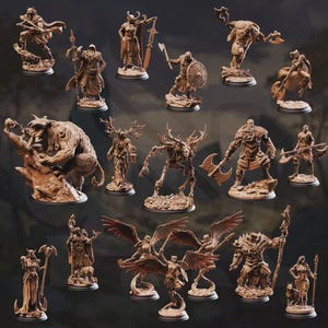 May include: A selection of miniature figurines, possibly for tabletop gaming or display. The figures represent diverse fantasy characters, such as warriors, mythical creatures, and winged figures. The colour scheme is mainly brown tones, with detailed features on each figure.