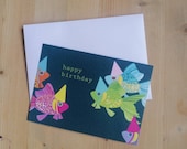 5 birthday cards, greeting cards, happy birthday, verjaardagskaart, wenskaart, festive fish, goldfish, feestelijke vissen.