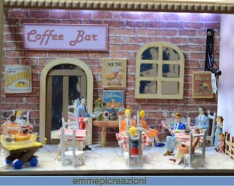 Diorama cofee bar with miniature led lights, handmade