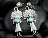Vintage Turquoise Laughing Women Earrings - Native American Silver Earrings