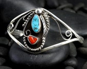 Medium to Large Vintage Turquoise and Coral Bracelet - Native American Bracelet with Silver Leaves