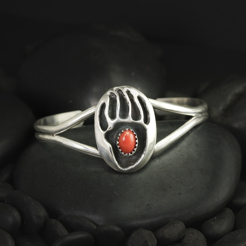 Vintage Bear Paw Cuff Native American Shadow Box Bracelet with Red Coral