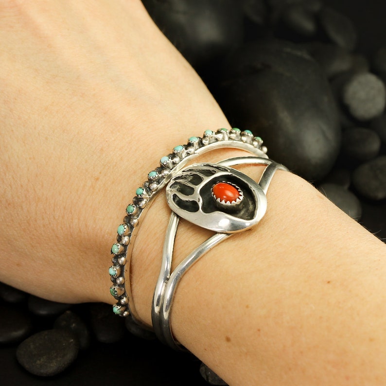 Vintage Bear Paw Cuff Native American Shadow Box Bracelet with Red Coral