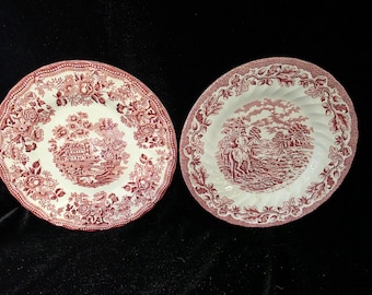 Myott Röda Transferware Tallrikar Set | Country Life Fox Hunt & Tonquin Garden (Set om 2)