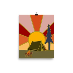 Póster de camping retro // Cartel de senderismo de los años 70 Arte mural // Decoración de pared retro Sun Boho // Póster boho // Conjunto de arte de los años 60