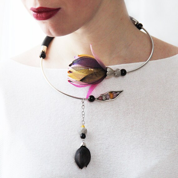 Bib necklace Statement necklace Rubber necklace Green long necklace Unusual necklace Asymmetrical jewelry Art necklace Modern necklace