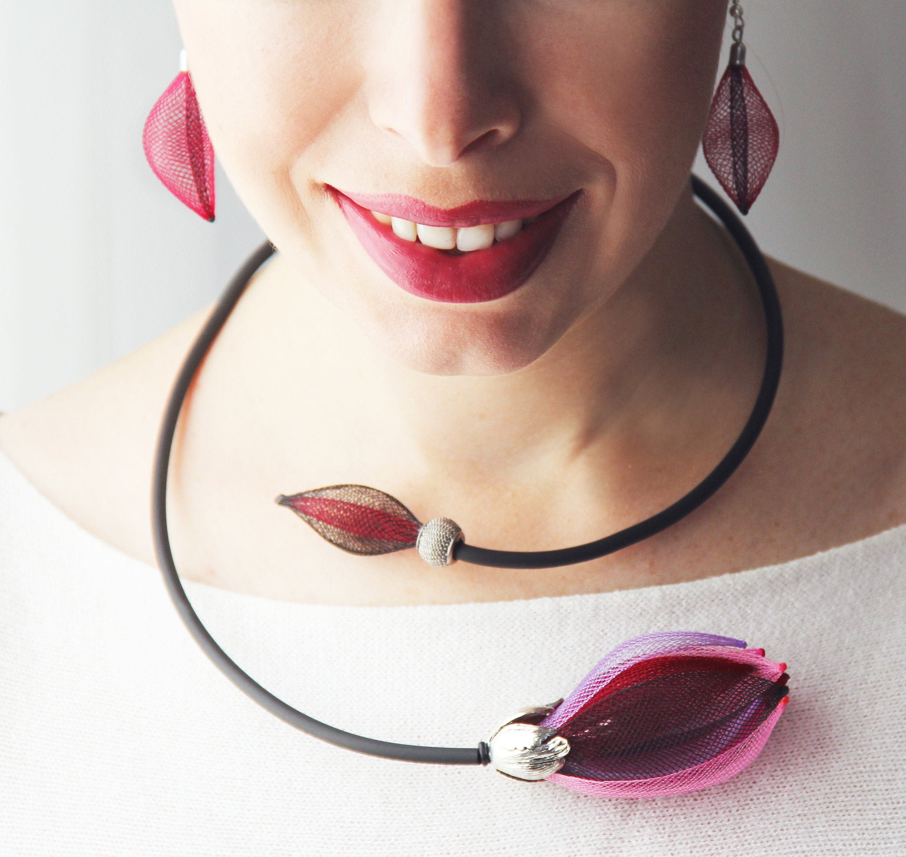 Bib necklace Statement necklace Rubber necklace Green long necklace Unusual necklace Asymmetrical jewelry Art necklace Modern necklace