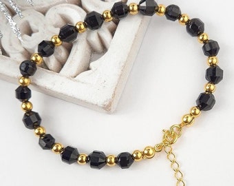 Black Tourmaline Gemstone Bracelet, 24k Gold Plated Sterling Silver