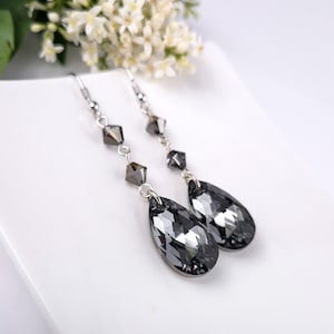 Sterling Silber 925 Ohrringe mit schwarzen österreichischen Kristallen Silver Night Braut Geschenk Hochzeit Tropfen Ohrringe
