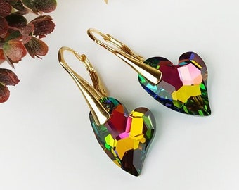 Swarovski earrings, Vitrail Medium, Delicate heart, Green red earrings, Swarovski Crystal, Sterling silver Gold plated, Swarovski Elements