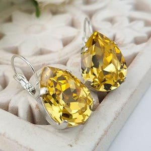 Crystal earrings citrine Yellow crystal silver earrings Bridal teardrop Crystal Drop Earrings, Bridesmaids Earrings, pear Golden Topaz